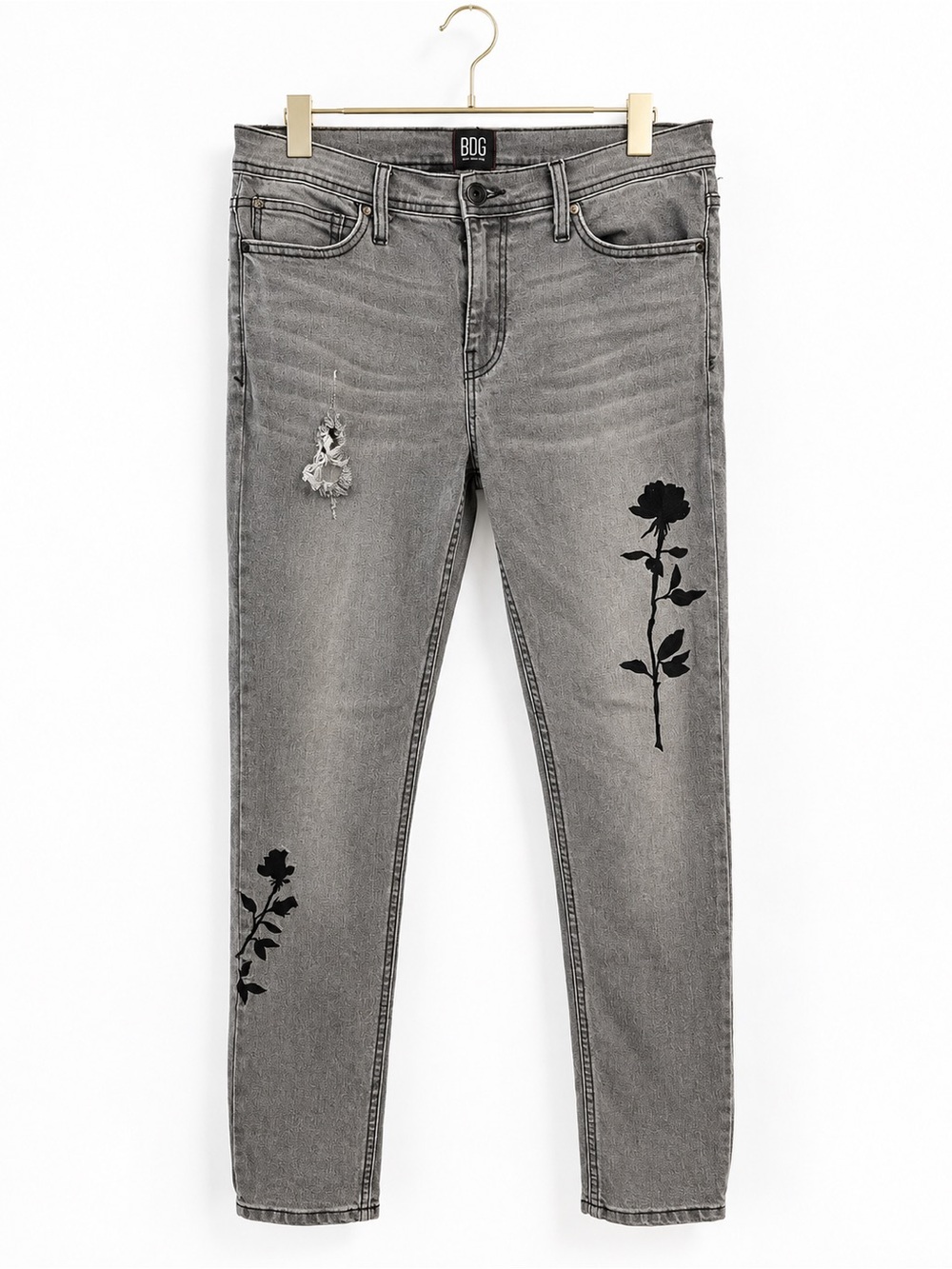 BDG Jeans Urban Outfitters Mens Skinny Stretch Gray Embroidered W32 Distressed